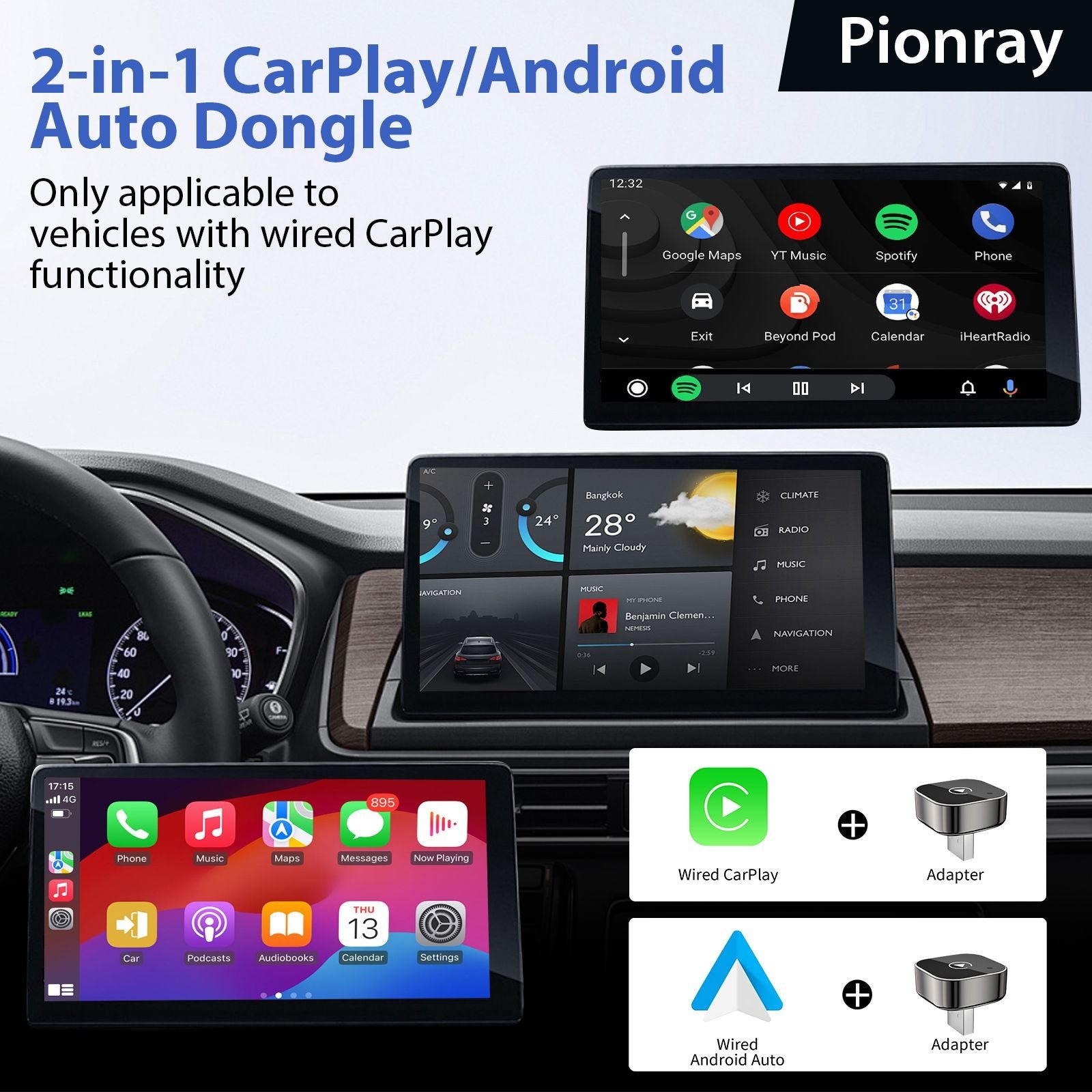 Pionray 2 in 1 Wireless CarPlay & Android Auto Adapter - Image 2
