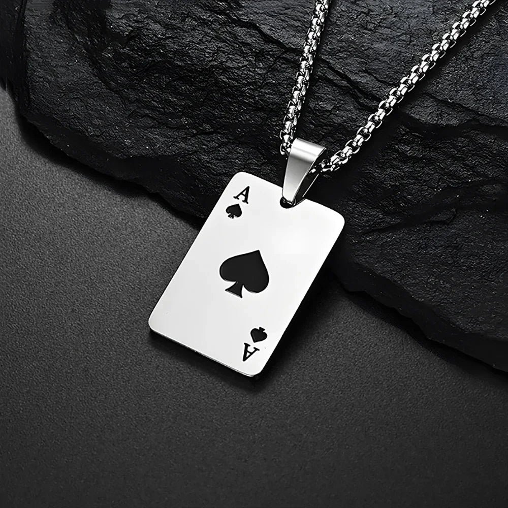 Hip Hop Poker Card Necklace for Men – Stainless Steel Ace of Spades Pendant Chain, Street Style Playing Card Jewelry
