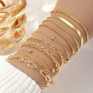 10 Pcs Vintage Statement Gold Color Flat Snake Chain Box Chain Bracelet Boho Multi-layer Metal Bracelet Women's Summer Jewelry